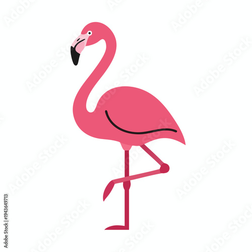 A minimalist, flat illustration of a pink flamingo standing on one leg