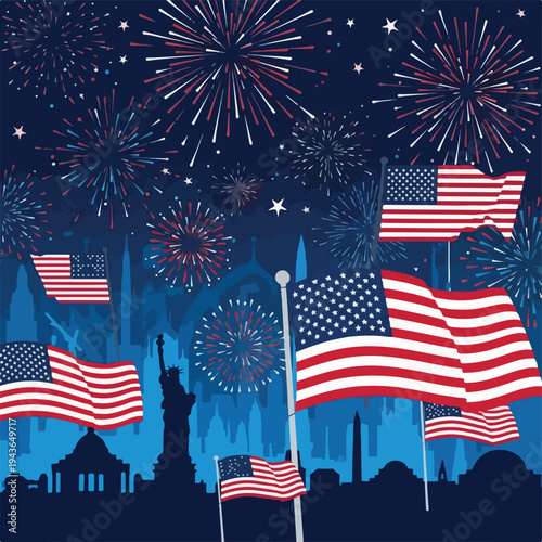 Patriotic scene with fireworks and US flags over a cityscape at night