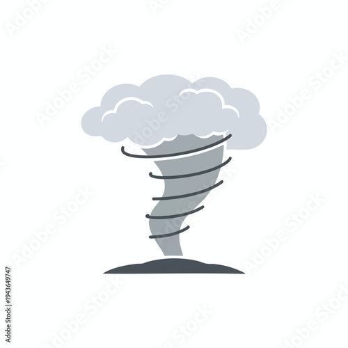 Stylized gray tornado with dark bands swirling against a white background