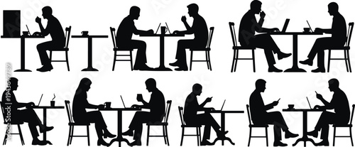 People working on laptops in cafe silhouettes remote work freelancers meeting coffee shop vector illustration business lifestyle collection