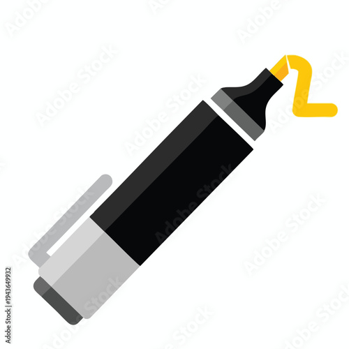A black and silver marker is drawing a yellow squiggle on a white background
