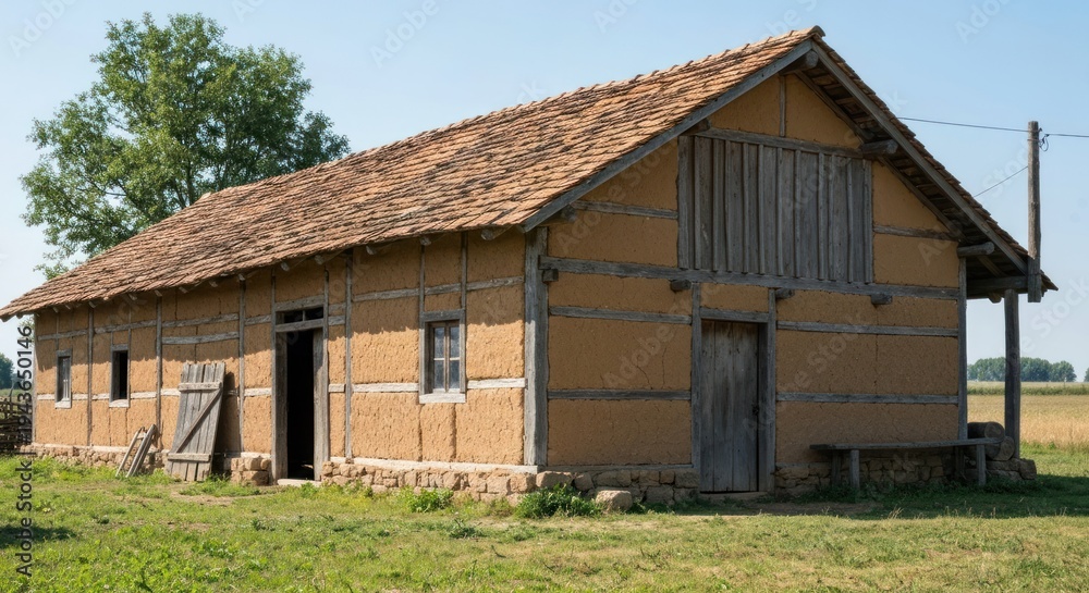 Fototapeta premium Weathered, rustic wooden and earthen building under a blue sky, surrounded by fields