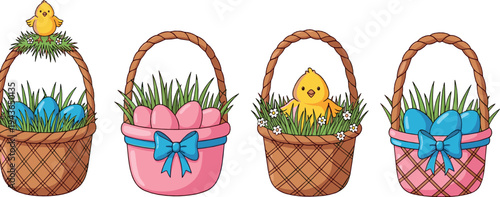 Easter Basket Collection with Painted Eggs, Cute Chick and Spring Flowers Festive Holiday Decoration Cartoon Vector Illustration Set