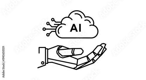 Abstract illustration of AI cloud above an outstretched hand representing artificial intelligence.