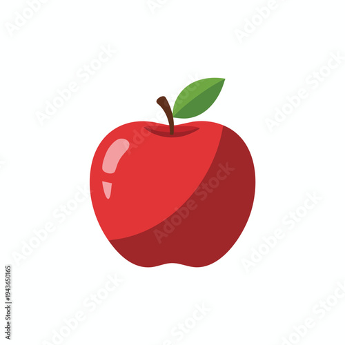 A vibrant red apple with a green leaf and brown stem on a white background