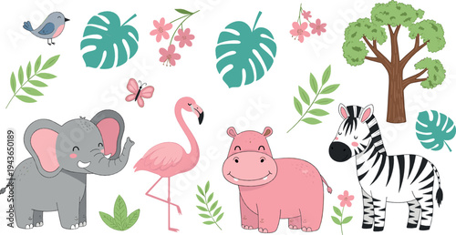 Cute Safari Animals Collection with Elephant, Flamingo, Hippopotamus and Zebra Tropical Jungle Cartoon Wildlife Vector Illustration Set