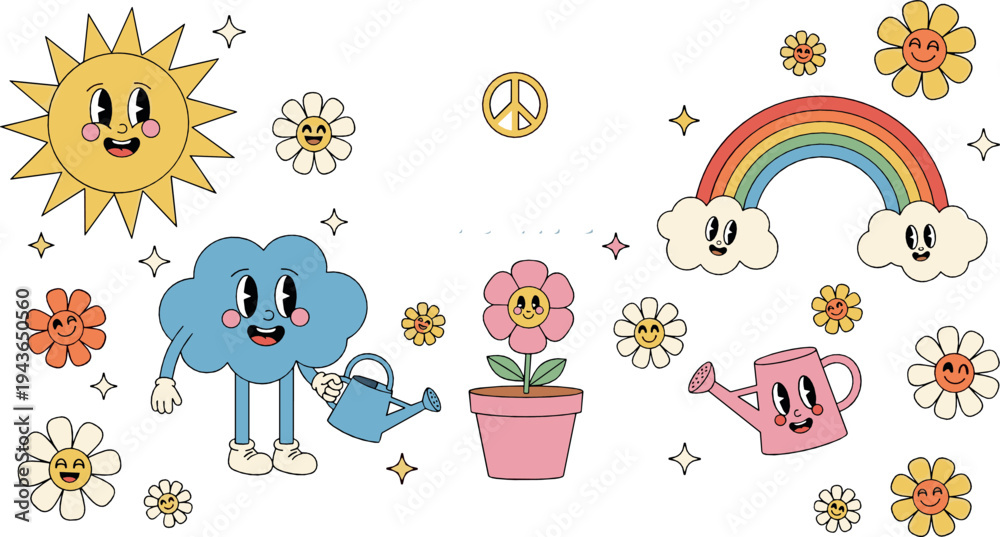 Fototapeta premium Cute Kawaii Nature Elements Collection with Sun, Cloud, Rainbow, Flowers, Watering Can and Whale Cartoon Characters Vector Illustration Set