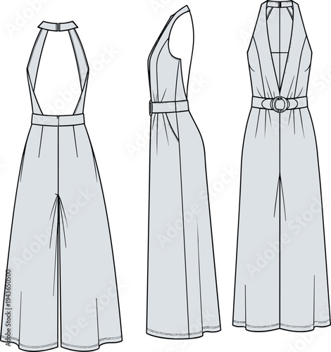 Technical fashion flat sketch of a women’s sleeveless halter neck wide leg jumpsuit with belted waist and backless detail for apparel design and mockup
