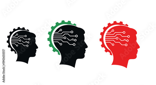 Abstract silhouettes of heads with circuits in black green and red.