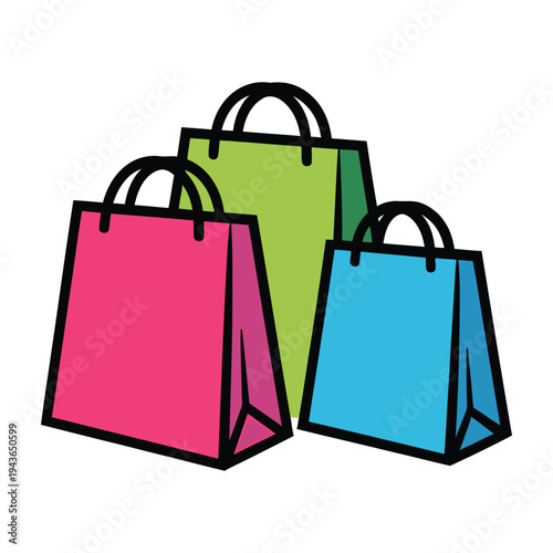 Three colorful shopping bags stacked together with handles.