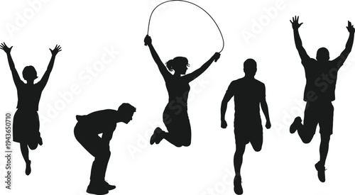 Fitness activity silhouettes jumping running rope skipping workout athletes vector illustration sport exercise healthy lifestyle people collection