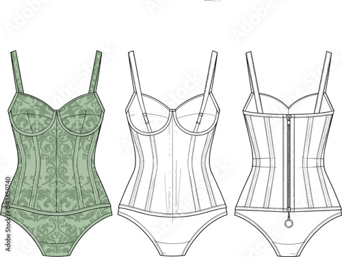Technical Fashion Sketch of a Women's Corset Bodysuit Featuring Damask Print Underwire Cups Zipper Back and Boning Details for Lingerie Design and Tech Pack Development