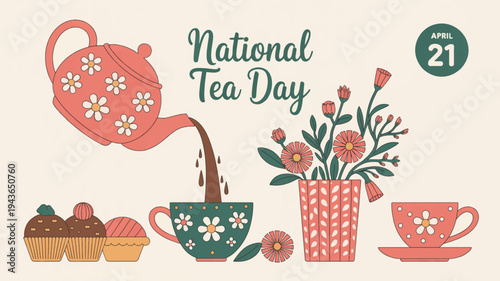 National tea day celebration with tea pouring from teapot into cup surrounded by flowers cake and treats on a pastel background