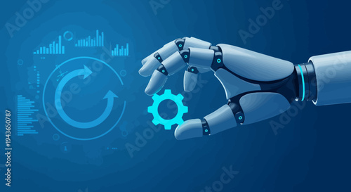 Futuristic robotic hand manipulating a glowing gear within a high tech interface scene.