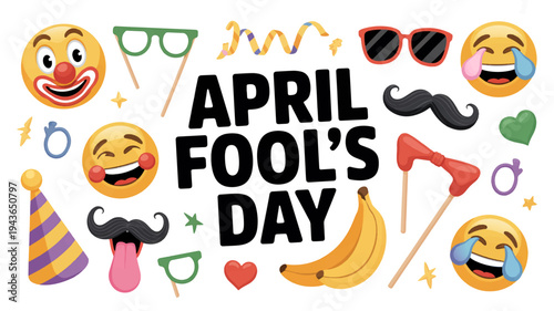 April fool's day celebration with emojis and props on white background
