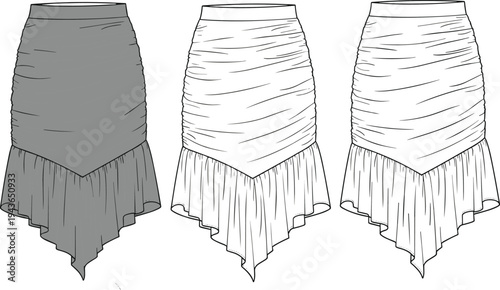 Technical Fashion Sketch Set of Women's Ruched Mini Skirts Featuring Asymmetric Handkerchief Hem Ruffles and Bodycon Silhouette Outlines for Apparel Design and Tech Pack Development