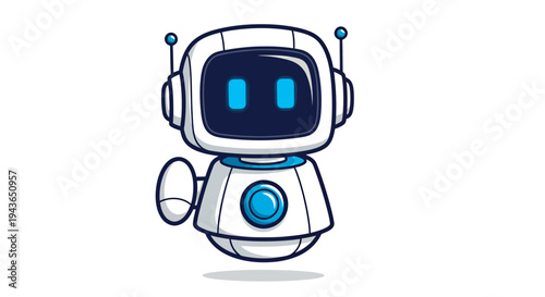 Cute cartoon robot character waving hello in a friendly blue and white design.