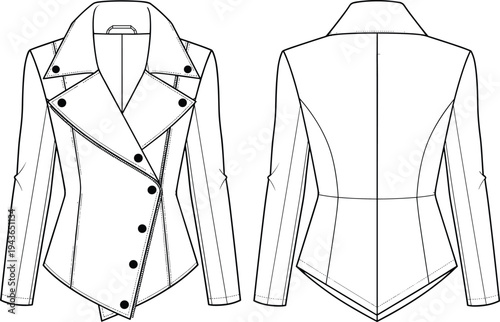 Technical flat sketch of a women’s asymmetrical biker jacket featuring a notched lapel button closure and contoured seams for fashion design and apparel manufacturing tech packs.