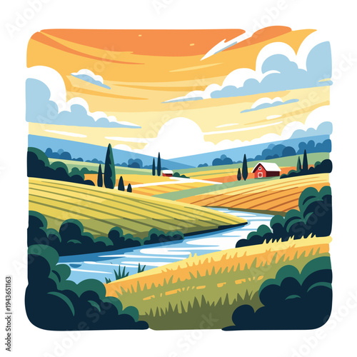 Stylized, colorful depiction of a rural landscape with rolling hills