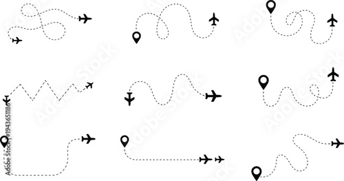 Airplane flight path and travel route vector icon set for international tourism, aviation navigation, and logistics tracking