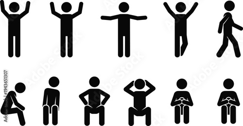 Solid Black Stick Figure Silhouette Icon Set Featuring People In Various Poses Like Standing Walking Sitting Squatting And Raising Hands For Human Action Pictograms