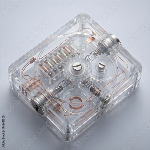 Top-down view of intricate mechanical lock crafted from transparent polymers and copper wiring studio-lit