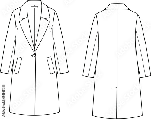 Technical flat sketch of a women's long tailored overcoat with notch lapel, single button closure, welt pockets, and back vent for fashion tech packs.