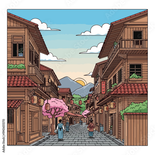 Stylized illustration of a traditional town street at dusk with people walking