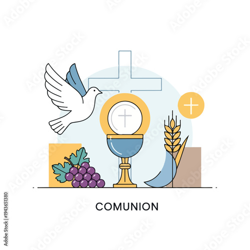 Stylized Illustration of religious symbols dove, grapes, and communion
