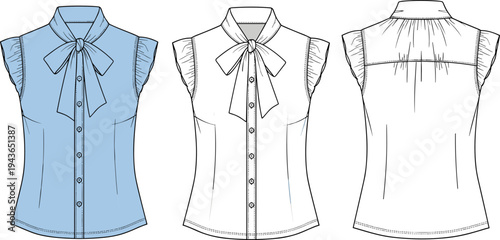 Technical flat sketch of women sleeveless pussy bow blouse featuring button down front ruffled cap sleeves back yoke gathering and princess seams fashion 