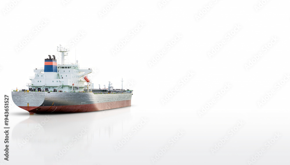 Naklejka premium Ultra realistic oil tanker ship on white background with copy space for logistics industrial transportation international trade maritime shipping and global fuel delivery concept