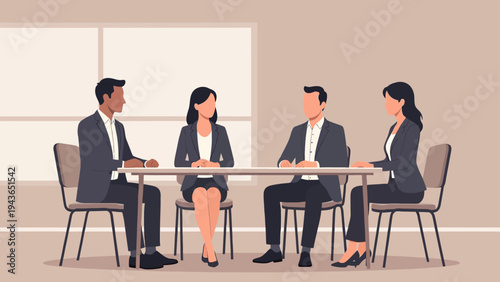 Professional business team meeting in a modern office, depicting diverse colleagues collaborating around a conference table for strategic discussion and teamwork