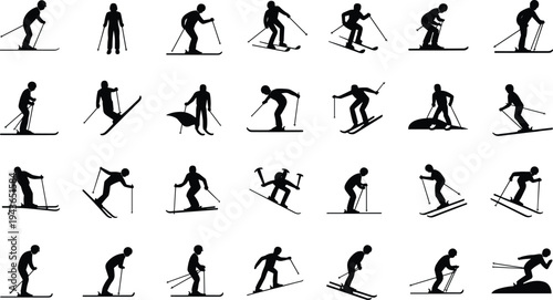 Skiing sport silhouettes set winter athlete skier action poses downhill snow activity vector illustration extreme sport collection