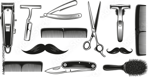 Vintage Barbershop Grooming Kit Vector Illustration Featuring Electric Hair Clippers Straight Razors Scissors Combs Brushes and Mustache Silhouettes for Professional Barber Shop Design Templates