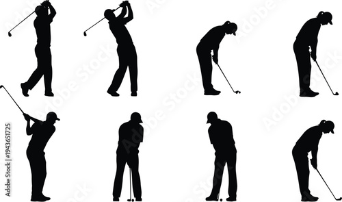 Professional Golfers Silhouette Vector Illustration Set Featuring Male and Female Players in Various Action Poses Swing and Putting for Sports Design and Coaching Templates