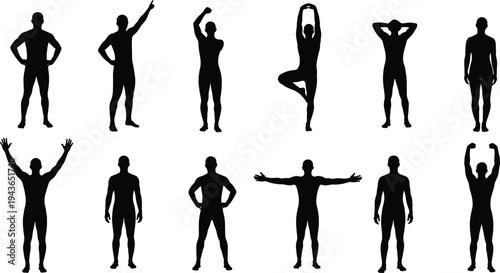 Human Body Silhouette Vector Set Featuring Men in Diverse Standing Poses Active Stretching and Athletic Postures for Fitness Health and Character Design Templates