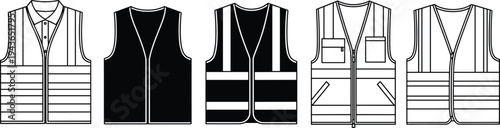 Safety Vest High Visibility Reflective Jacket Flat Vector Illustration Set Front View Workwear Protective Gear Outline Silhouette Icon for Industrial Construction Design Templates