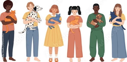 People Holding Cats Collection with Diverse Men and Women Hugging Cute Domestic Kittens Pet Owners Cartoon Vector Illustration Set