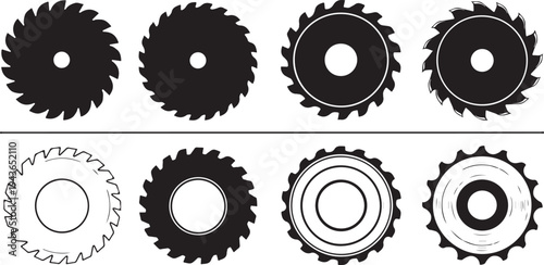Eight different gear illustrations in black and white