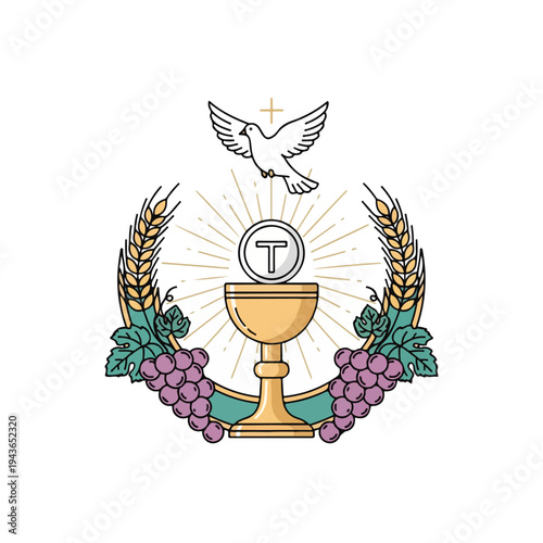 Symbol with chalice, grapes, wheat, dove, cross, and a radiant sun