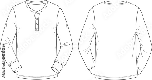 Technical Flat Sketch of Men's Long Sleeve Henley Shirt and Five Pocket Denim Jeans Front Back View CAD Vector Illustration for Fashion Design Apparel