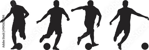 Soccer player silhouettes dribbling football athletes action poses sport vector illustration set isolated dynamic football players collection