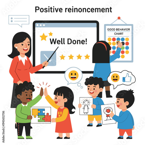 Positive reinforcement scene depicting teacher and children with rewards