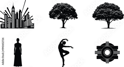 Diverse black silhouette collection featuring city skyline with skyscrapers oak trees graceful female dancer standing woman and circular geometric design isolated on white background