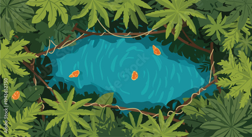 View from above of a jungle lake surrounded by foliage