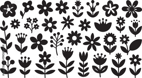 Diverse collection of black flower and plant silhouettes showcasing various simple botanical forms