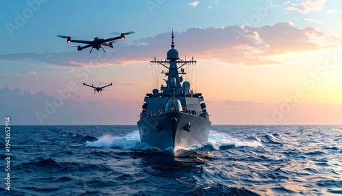 Modern Naval Warship with Drones Flying Over Ocean at Sunset PatrolOps