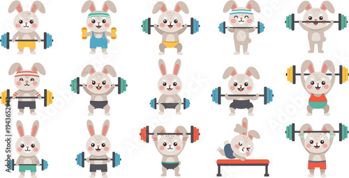 Cute Fitness Bunny Cartoon Vector Set with Rabbits Lifting Weights, Gym Workout Exercises, and Adorable Animal Character Illustration