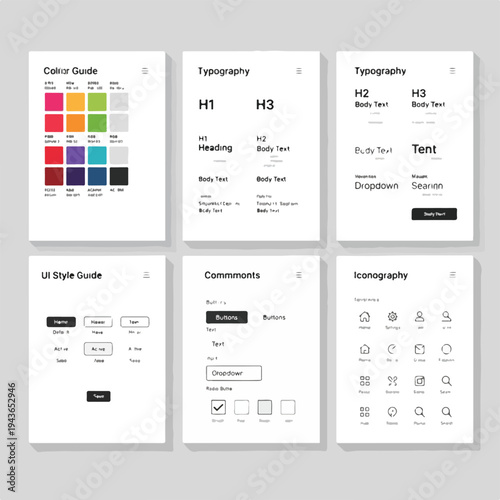 Six UI/UX design guide components, demonstrating color, style, and typography