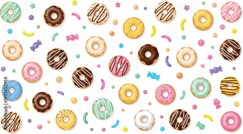 Colorful donut seamless pattern with glazed donuts sprinkles candy sweets and confetti, playful dessert background vector illustration